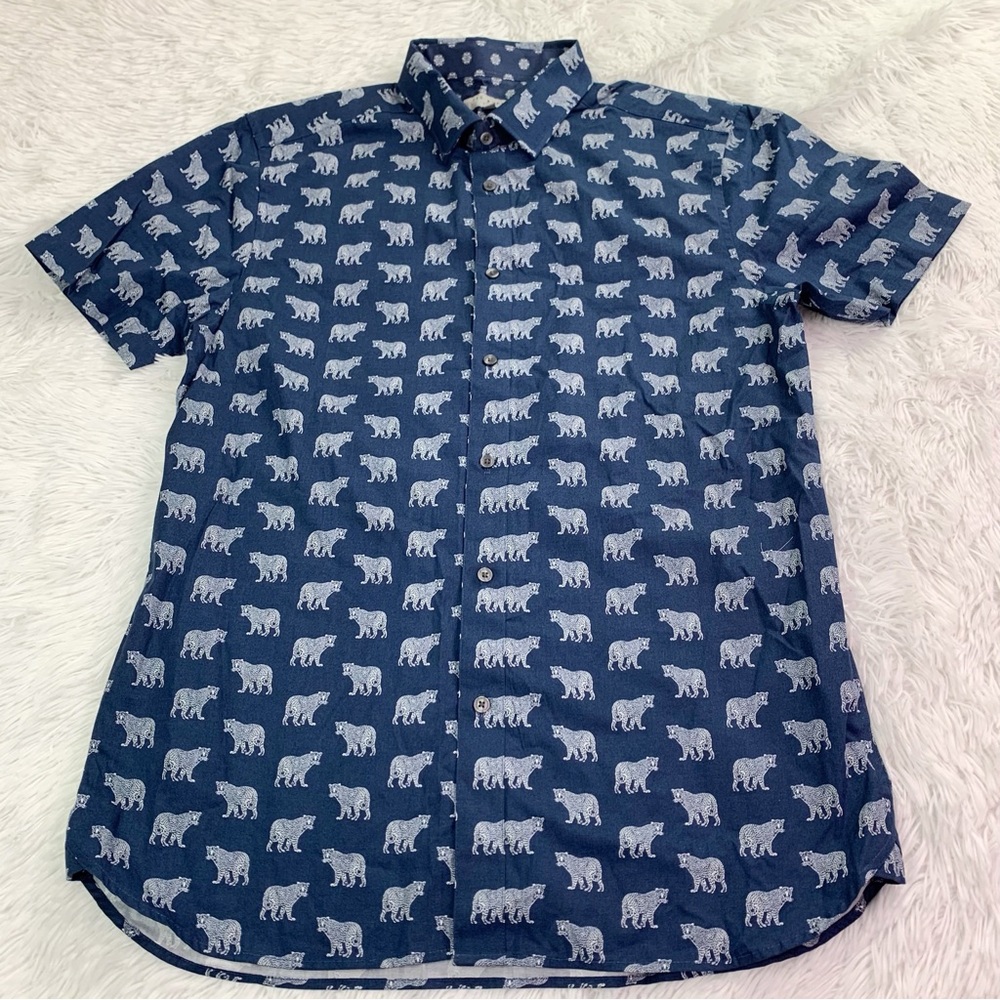 Ted Baker short sleeve tiger print button up shirt slim fit navy blue